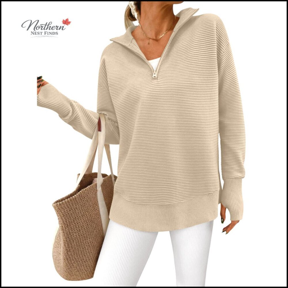 Long Sleeve Quarter Zip Pullover Sweater Ribbed Knit Loose Fit Thumb Holes